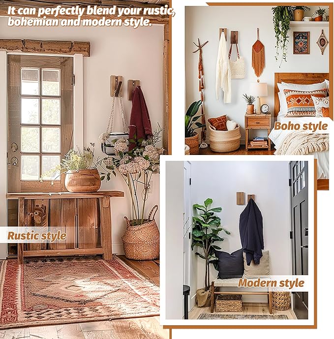 Foldable Wall Hooks 4Pack: Rustic Wooden Coat Hooks Mounted - Image 8