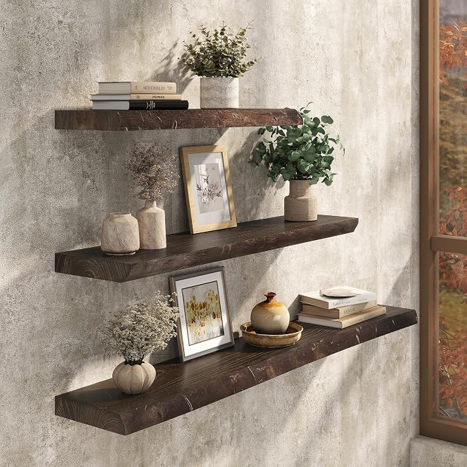 Floating Shelves Set of 2, Solid Elm Wood Wall Shelves 24 Inch - Image 2