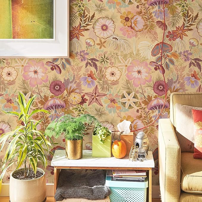 Ismoon Vintage Floral Peel and Stick Wallpaper Deep Beige Pink Contact Paper - Image 2