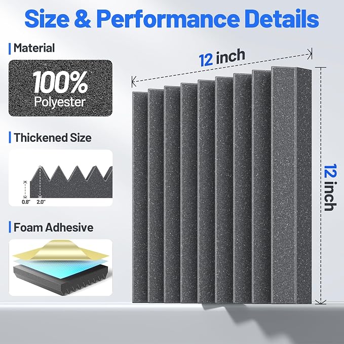 9 Pack Sound Proof Foam Panels for Walls 2”x12”x12” Self-Adhesive Acoustic Wall - Image 6