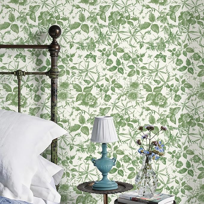 JiffDiff Floral Vintage Wallpaper Peel and Stick，Green Rose Wallpaper Removable - Image 2
