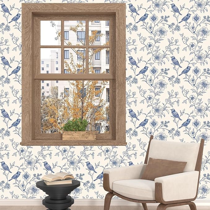Beige Wallpaper Peel and Stick Blue Floral Bird Vintage Contact Paper 17.5" x - Image 6