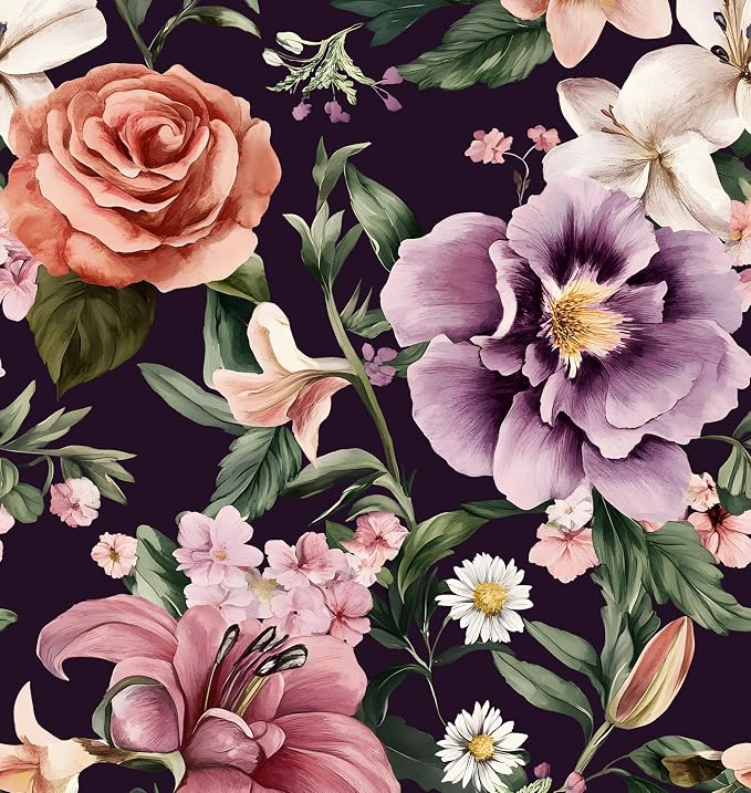 Laatse Purple Vintage Floral Wallpaper Peel and Stick Red Rose Peony Flowers by Laatse