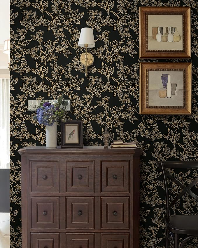 Ismoon Peel and Stick Wallpaper Black and Gold Stick on Wallpaper Dark Floral - Image 6