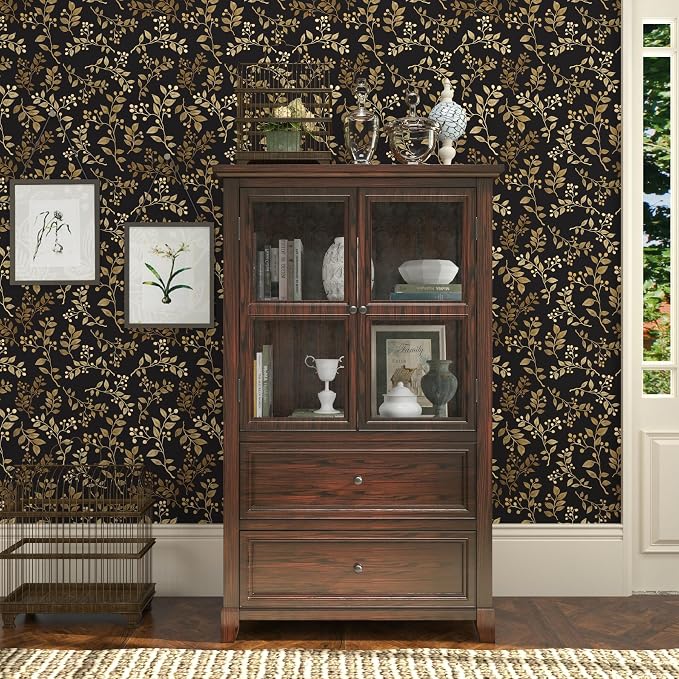 Dark Floral Peel and Stick Wallpaper, Vintage Gold Leaf Self-Adhesive Contact - Image 5