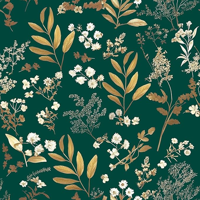 Dark Green Floral Wallpaper Peel and Stick Green Golden Leaf Wallpaper Vintage by Laatse