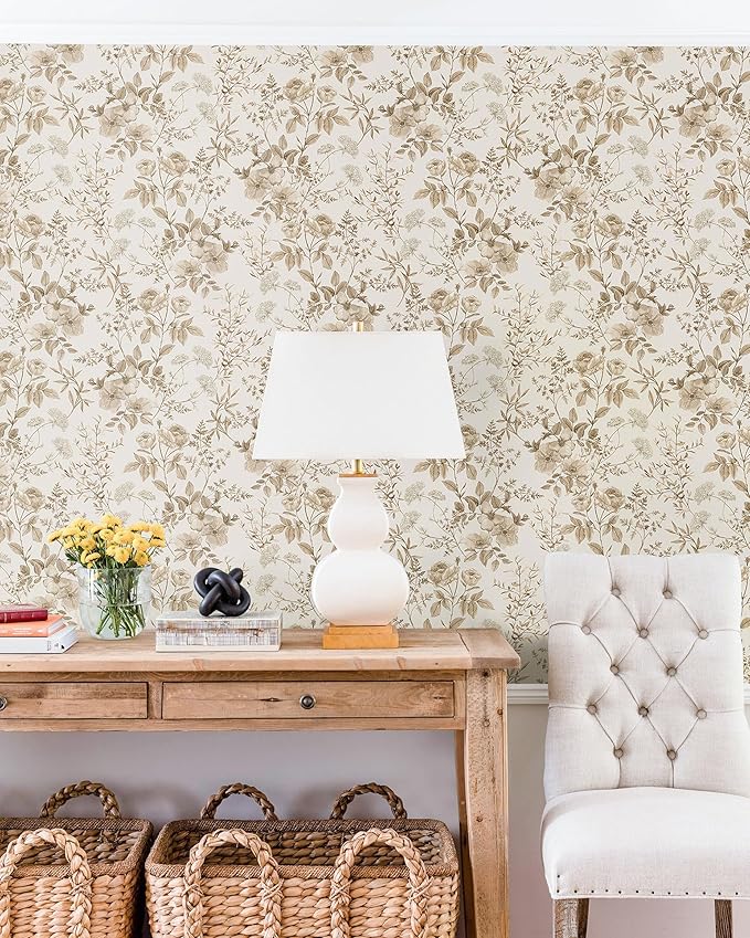 Erfoni 16.9" x118" Boho Floral Peel and Stick Wallpaper Beige Flower and Leaf - Image 6