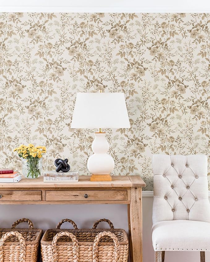 Erfoni 16.9" x394" Beige Floral Peel and Stick Wallpaper Boho Floral Leaf - Image 8