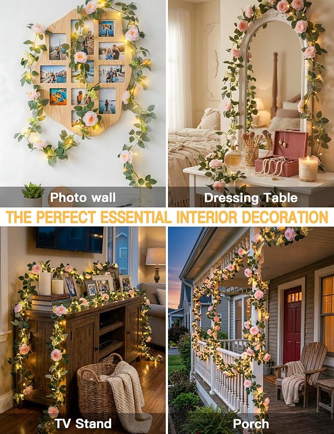 suddus Flower Garland with Pink Camellia Fairy Lights Indoor, 60 LED Vines - Image 3