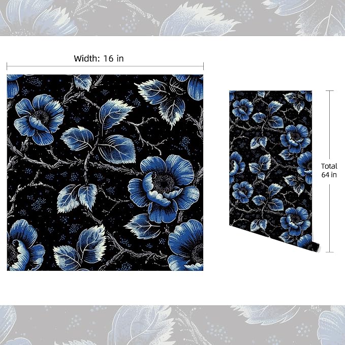 FLFK Black Wallpaper Peel and Stick Dark Blue Floral Wallpaper 16" x 64" - Image 2
