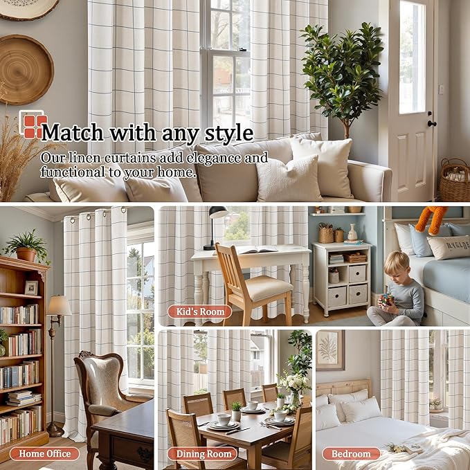 Lajode Navy Blue Plaid Linen Blackout Curtains - Image 4