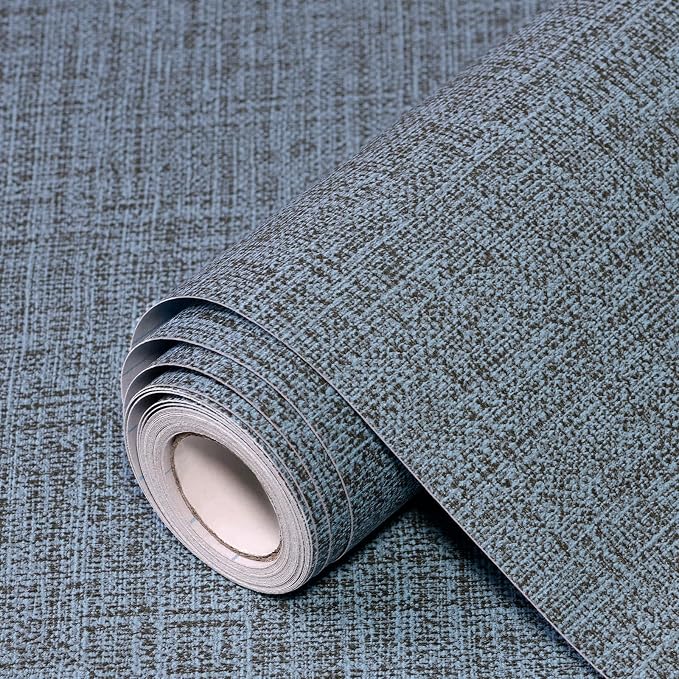 Blue Gray Grasscloth Peel and Stick Wallpaper 17.3"x120" Faux Linen Textured by Uooar