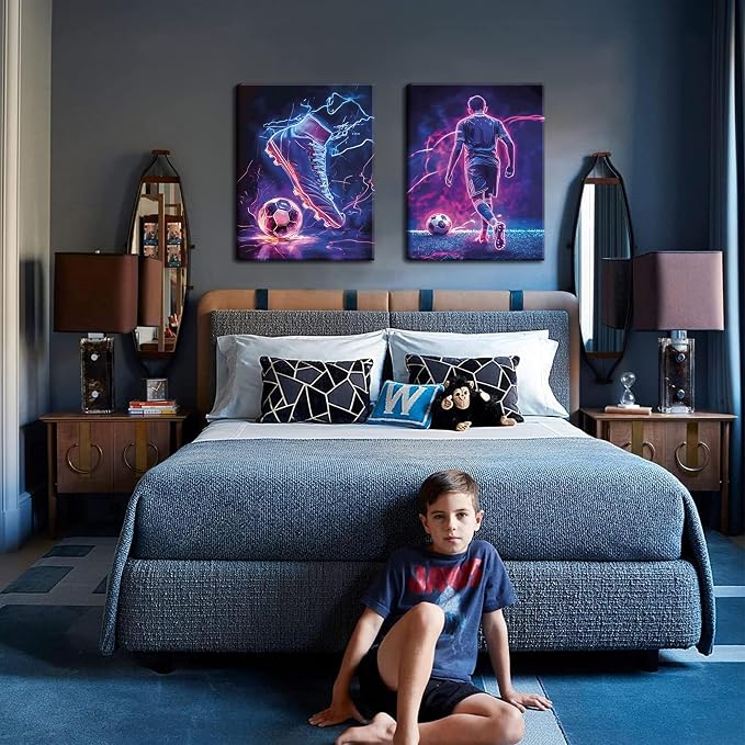 Cool Soccer Gaming Wall Art Set of 3, Neon Video Gamer Canvas Pictures - Image 2