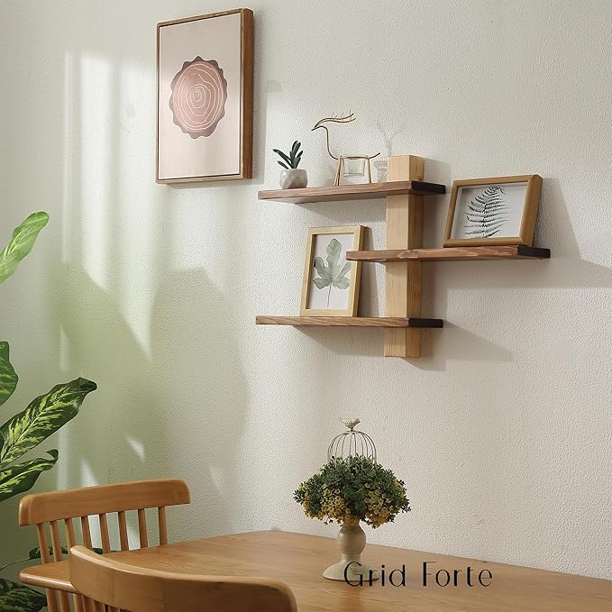 GRID FORTE Wood 3 Tier Floating Shelf, Large Minimalist Wall Shelves, Mid - Image 4