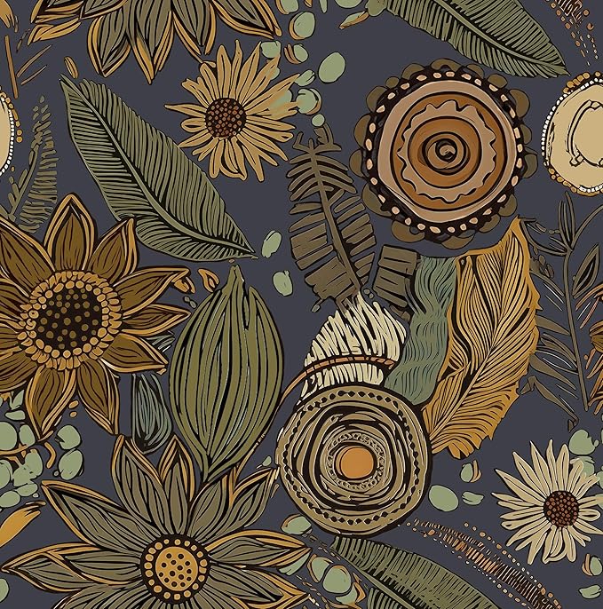 Boho Wallpaper Peel and Stick, Vintage Blue Yellow Floral Contact Paper 17.5" x by Laatse