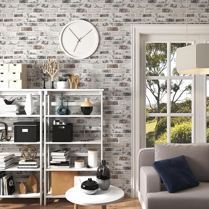 Brick Wallpaper Peel and Stick Wallpaper 17.3"x197" Grey and White 3D Brick - Image 4