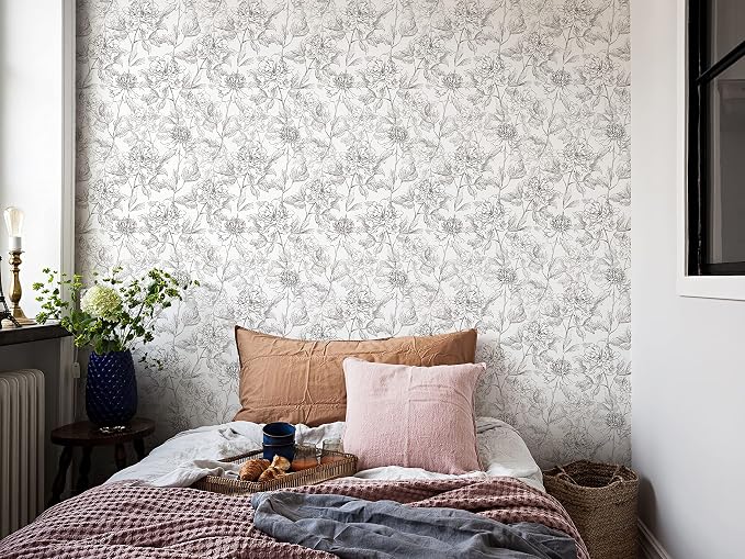 JiffDiff Black and White Floral Wallpaper 17.3" x 394" Peonies Removable Peel - Image 3