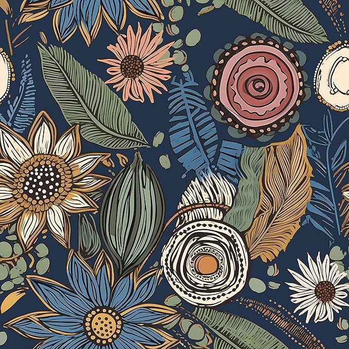 Boho Wallpaper Peel and Stick, Dark Vintage Floral Contact Paper, 17.5" x 197" by Laatse