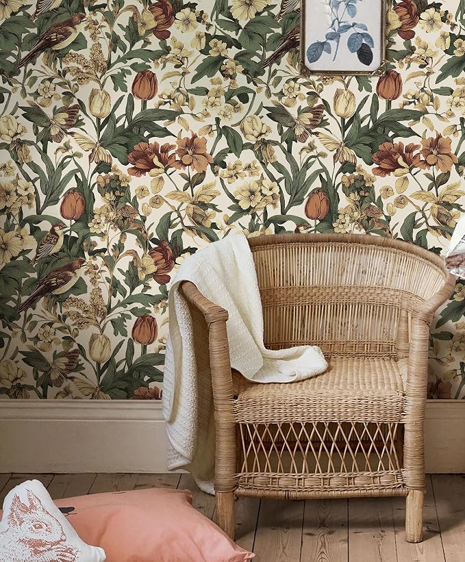 Erfoni 17.3" x197" Beige Retro Floral and Bird Contact Paper Vintage Peel and - Image 6