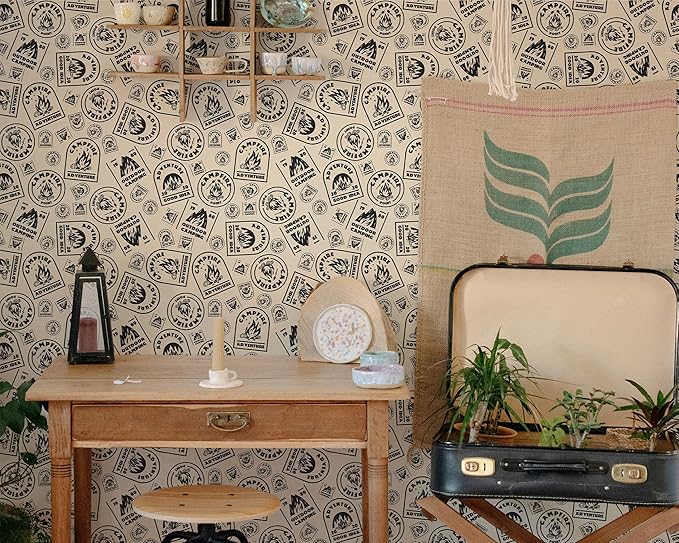 FLFK Beige Wallpaper Peel and Stick Antique Campfire Postmark Contact Paper - Image 3