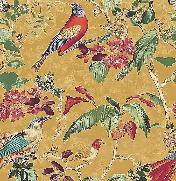 Vintage Floral Bird Wallpaper Peel and Stick, Boho Yellow Contact Paper by Laatse